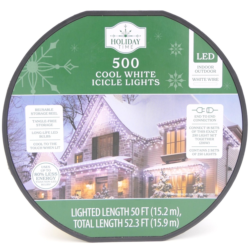 Holiday Time 500 Cool White Icicle Lights LED White Wire 50 ft Lighted Length